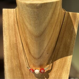 Handmade Vintage Glass Flower and Gold Tone Chain Choker Necklace